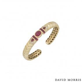 David Morris Yellow Gold Diamond And Ruby Cuff Bangle